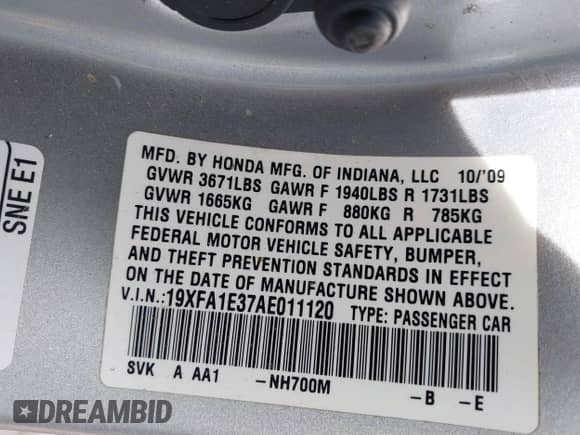 2010 Honda Civic с VIN 19XFA1E37AE011120, выставлен на аукционе IAAI как лот 42123347 с пробегом 61 881 миль миль и . История ставок и продаж доступна на DreamBid. Изображение 9.