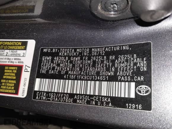 2012 Toyota Camry SE with VIN 4T1BF1FK9CU134651, listed as a IAAI auction lot 43005753 with 158,407 mi miles and . Bid and sale history available at DreamBid. Image 9.