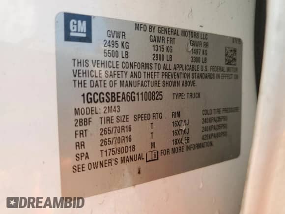 2016 Chevrolet Colorado 2WD WT with VIN 1GCGSBEA6G1100825, listed as a Copart auction lot 85312575 with 130,510 mi miles and Salvage title. Bid and sale history available at DreamBid. Image 12.