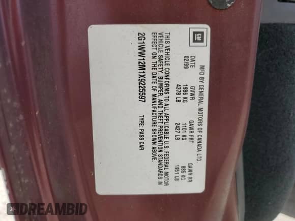 1999 Chevrolet Monte Carlo LS z VIN 2G1WW12M1X9225597, wystawiony jako Copart lot #61053435 z przebiegiem 161 466 mil mil oraz Szkoda całkowita • Salvage title. Historia ofert i sprzedaży dostępna na DreamBid. Obrazek 12.