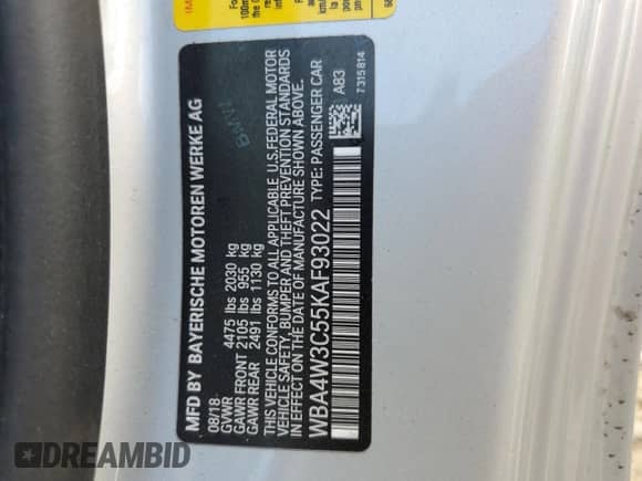 2019 BMW 4 Series 430i with VIN WBA4W3C55KAF93022, listed as a Copart auction lot 63199815 with 34,331 mi miles and Salvage title. Bid and sale history available at DreamBid. Image 12.