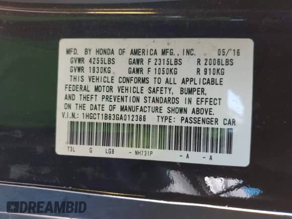 2016 Honda Accord EX-L with VIN 1HGCT1B83GA012386, listed as a IAAI auction lot 42849117 with 92,919 mi miles and . Bid and sale history available at DreamBid. Image 9.