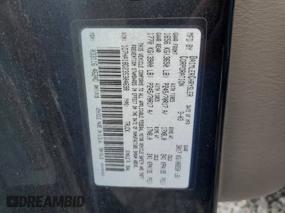 2003 Dodge 1500 ST with VIN 1D7HA18D23S304698, listed as a Copart auction lot 59001965 with 195,757 mi miles and Clean title. Bid and sale history available at DreamBid. Image 12.