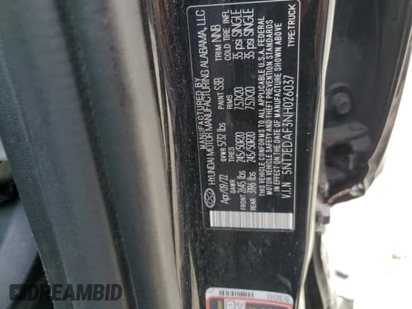 2022 Hyundai Santa Cruz Limited с VIN 5NTJEDAF3NH026037, выставлен на аукционе Copart как лот 75191054 с пробегом 28 932 миль миль и На запчасти • Non repairable. История ставок и продаж доступна на DreamBid. Изображение 13.