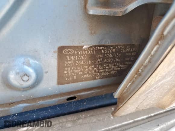 2003 Hyundai Santa Fe GLS с VIN KM8SC73D13U561890, выставлен на аукционе Copart как лот 69398864 с пробегом Не указан миль и Списание • Salvage title. История ставок и продаж доступна на DreamBid. Изображение 14.