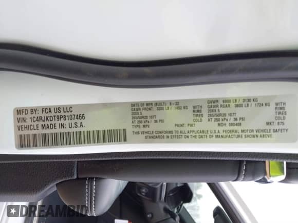 2023 Jeep Grand Cherokee Overland with VIN 1C4RJKDT9P8107466, listed as a IAAI auction lot 41428743 with 34,317 mi miles and . Bid and sale history available at DreamBid. Image 9.