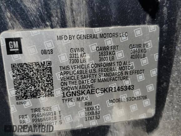 2019 Chevrolet Tahoe LS с VIN 1GNSKAEC5KR145343, выставлен на аукционе Copart как лот 66214045 с пробегом Не указан миль и Списание • Salvage title. История ставок и продаж доступна на DreamBid. Изображение 14.