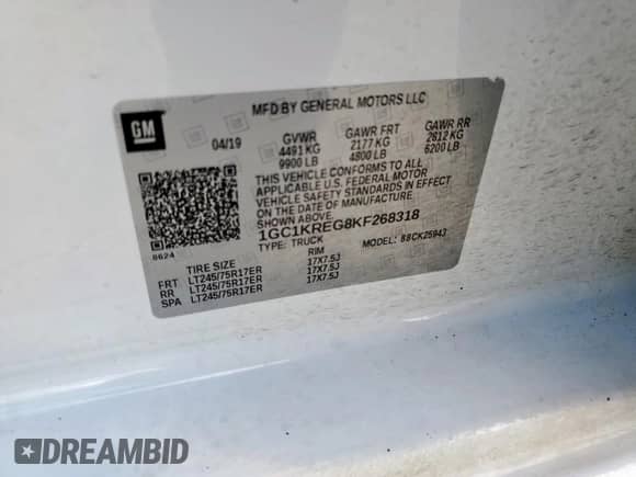 2019 Chevrolet Silverado 2500HD Work Truck z VIN 1GC1KREG8KF268318, wystawiony jako Copart lot #63873535 z przebiegiem 50 088 mil mil oraz Szkoda całkowita • Salvage title. Historia ofert i sprzedaży dostępna na DreamBid. Obrazek 12.