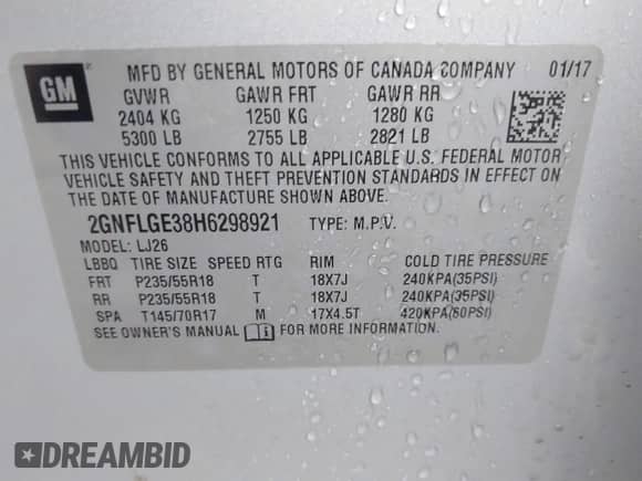 2017 Chevrolet Equinox Premier with VIN 2GNFLGE38H6298921, listed as a IAAI auction lot 42615382 with 145,465 mi miles and . Bid and sale history available at DreamBid. Image 9.