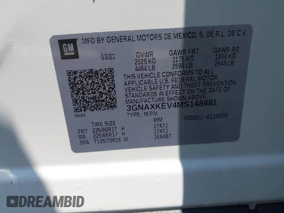 2021 Chevrolet Equinox LT with VIN 3GNAXKEV4MS148481, listed as a IAAI auction lot 43019192 with 28,746 mi miles and . Bid and sale history available at DreamBid. Image 9.