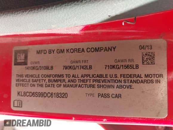 2013 Chevrolet Spark LT с VIN KL8CD6S99DC618320, выставлен на аукционе IAAI как лот 43464629 с пробегом 104 778 миль миль и . История ставок и продаж доступна на DreamBid. Изображение 9.