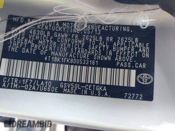 2013 Toyota Camry XLE with VIN 4T1BK1FK8DU533161, listed as a IAAI auction lot 43428265 with Not provided miles and . Bid and sale history available at DreamBid. Image 9.