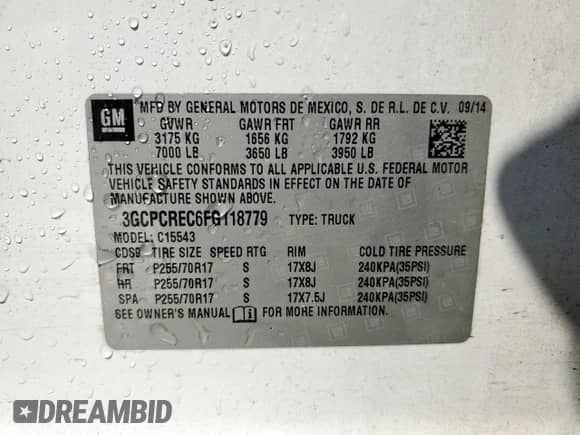 2015 Chevrolet Silverado 1500 LT with VIN 3GCPCREC6FG118779, listed as a Copart auction lot 72072205 with 260,449 mi miles and Salvage title. Bid and sale history available at DreamBid. Image 12.