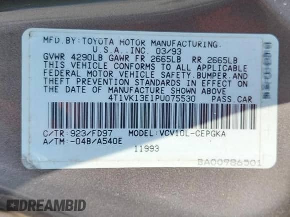 1993 Toyota Camry с VIN 4T1VK13E1PU075530, выставлен на аукционе Copart как лот 64218835 с пробегом 58 871 миль миль и Списание • Salvage title. История ставок и продаж доступна на DreamBid. Изображение 12.