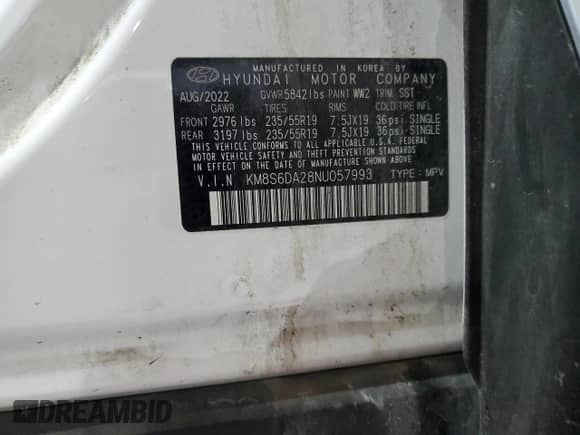 2022 Hyundai Santa Fe SEL Convenience с VIN KM8S6DA28NU057993, выставлен на аукционе Copart как лот 83820965 с пробегом 31 493 миль миль и Списание • Salvage title. История ставок и продаж доступна на DreamBid. Изображение 14.