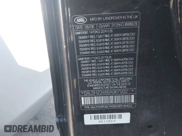 2006 Land Rover Range Rover Sport SC with VIN SALSH23466A967932, listed as a IAAI auction lot 43474558 with 140,488 mi miles and . Bid and sale history available at DreamBid. Image 9.