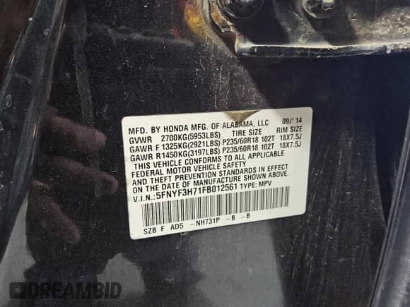 2015 Honda Pilot EX-L with VIN 5FNYF3H71FB012561, listed as a Copart auction lot 68039895 with 142,139 mi miles and Clean title. Bid and sale history available at DreamBid. Image 13.