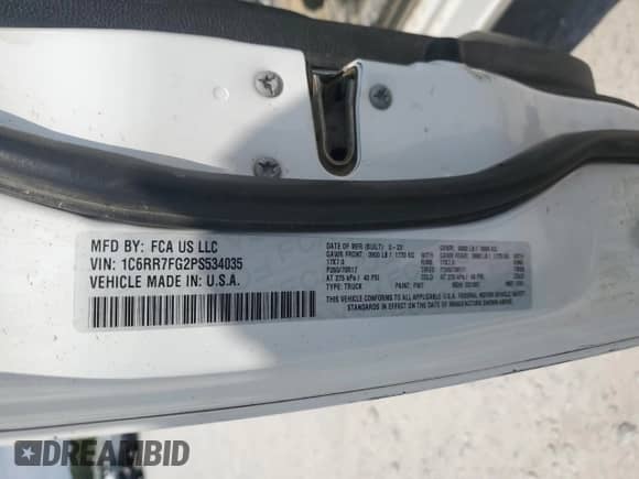 2023 Ram 1500 Tradesman z VIN 1C6RR7FG2PS534035, wystawiony jako Copart lot #69345835 z przebiegiem 75 857 mil mil oraz Nie do naprawy • Non repairable. Historia ofert i sprzedaży dostępna na DreamBid. Obrazek 12.