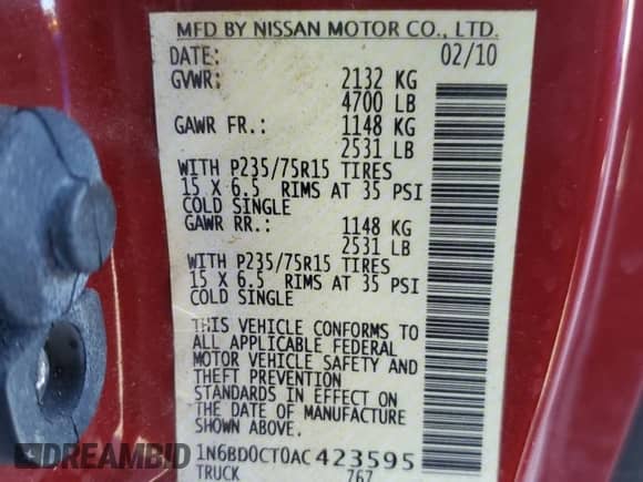 2010 Nissan Frontier SE with VIN 1N6BD0CT0AC423595, listed as a Copart auction lot 83646534 with 63,514 mi miles and Salvage title. Bid and sale history available at DreamBid. Image 12.