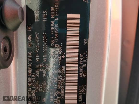 2021 Toyota Sienna LE with VIN 5TDBSKFC5MS019968, listed as a Copart auction lot 80933695 with 86,095 mi miles and Salvage title. Bid and sale history available at DreamBid. Image 13.