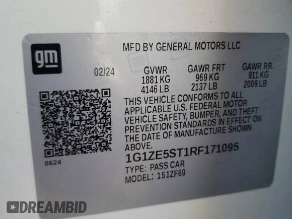 2024 Chevrolet Malibu LT with VIN 1G1ZE5ST1RF171095, listed as a Copart auction lot 90068335 with 38,152 mi miles and Clean title. Bid and sale history available at DreamBid. Image 12.