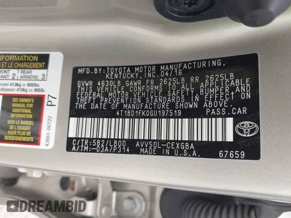 2016 Toyota Camry LE with VIN 4T1BD1FK0GU197519, listed as a IAAI auction lot 42410973 with 110,549 mi miles and . Bid and sale history available at DreamBid. Image 9.