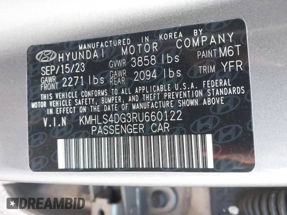 2024 Hyundai Elantra SEL with VIN KMHLS4DG3RU660122, listed as a IAAI auction lot 43001024 with 28,021 mi miles and . Bid and sale history available at DreamBid. Image 9.