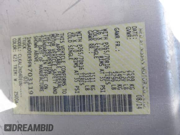 2015 Nissan Frontier SV with VIN 1N6AD0ER9FN703119, listed as a IAAI auction lot 43126137 with 181,958 mi miles and . Bid and sale history available at DreamBid. Image 9.