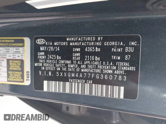 2015 Kia Optima LX with VIN 5XXGM4A77FG360783, listed as a IAAI auction lot 43172391 with 169,025 mi miles and . Bid and sale history available at DreamBid. Image 9.