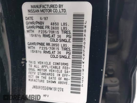 1997 Nissan Pathfinder XE with VIN JN8AR05S6VW191274, listed as a IAAI auction lot 42495088 with 294,683 mi miles and . Bid and sale history available at DreamBid. Image 9.