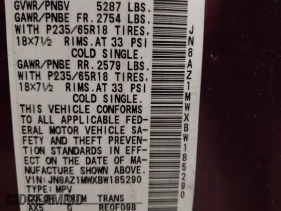 2011 Nissan Murano SL with VIN JN8AZ1MWXBW185290, listed as a IAAI auction lot 42518124 with 219,213 mi miles and . Bid and sale history available at DreamBid. Image 9.