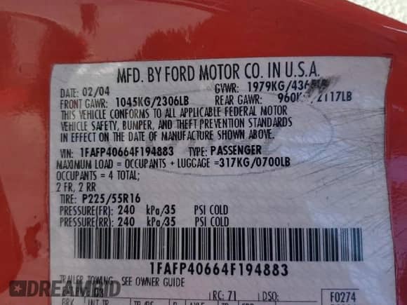 2004 Ford Mustang Standard с VIN 1FAFP40664F194883, выставлен на аукционе Copart как лот 81146415 с пробегом Не указан миль и Списание • Salvage title. История ставок и продаж доступна на DreamBid. Изображение 12.