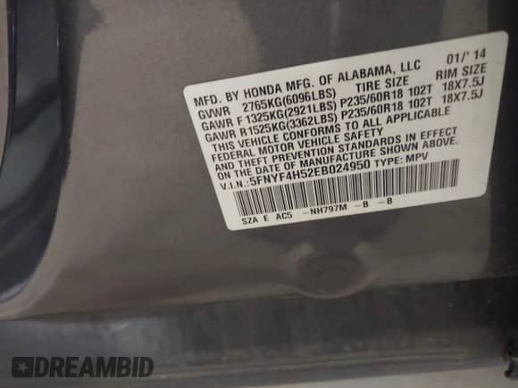 2014 Honda Pilot EX-L z VIN 5FNYF4H52EB024950, wystawiony jako IAAI lot #42874943 z przebiegiem 164 315 mil mil oraz . Historia ofert i sprzedaży dostępna na DreamBid. Obrazek 9.