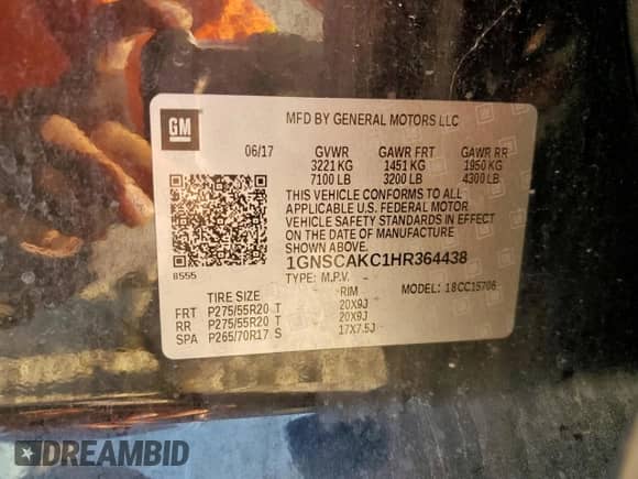 2017 Chevrolet Tahoe LS with VIN 1GNSCAKC1HR364438, listed as a Copart auction lot 80368625 with 197,741 mi miles and Salvage title. Bid and sale history available at DreamBid. Image 13.