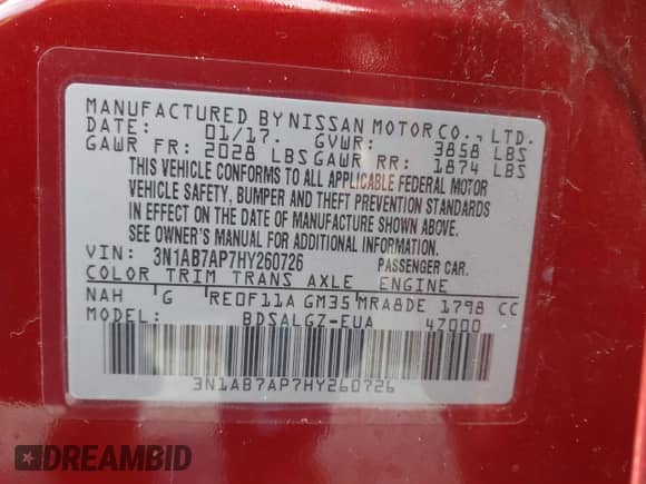 2017 Nissan Sentra SR с VIN 3N1AB7AP7HY260726, выставлен на аукционе IAAI как лот 41762883 с пробегом 98 758 миль миль и . История ставок и продаж доступна на DreamBid. Изображение 9.