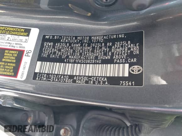 2012 Toyota Camry L z VIN 4T1BF1FK5CU629140, wystawiony jako IAAI lot #42885614 z przebiegiem 94 732 mil mil oraz . Historia ofert i sprzedaży dostępna na DreamBid. Obrazek 9.