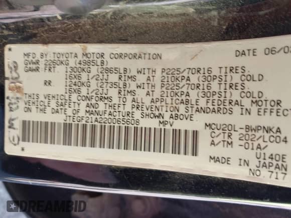 2002 Toyota Highlander Limited с VIN JTEGF21A220065608, выставлен на аукционе IAAI как лот 43513080 с пробегом 180 739 миль миль и . История ставок и продаж доступна на DreamBid. Изображение 9.