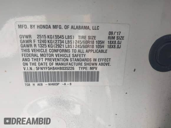 2017 Honda Pilot EX-L z VIN 5FNYF5H84HB035226, wystawiony jako IAAI lot #43179518 z przebiegiem 70 662 mil mil oraz . Historia ofert i sprzedaży dostępna na DreamBid. Obrazek 9.