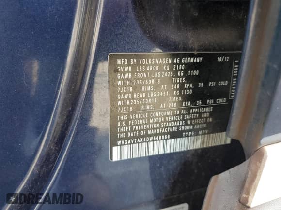 2013 Volkswagen Tiguan SE с VIN WVGAV7AX4DW548866, выставлен на аукционе Copart как лот 50389245 с пробегом 121 976 миль миль и На запчасти • Non repairable. История ставок и продаж доступна на DreamBid. Изображение 13.