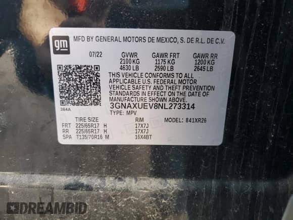 2022 Chevrolet Equinox LT с VIN 3GNAXUEV8NL273314, выставлен на аукционе Copart как лот 81091565 с пробегом 37 257 миль миль и Списание • Salvage title. История ставок и продаж доступна на DreamBid. Изображение 13.