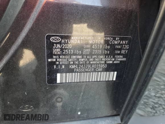 2020 Hyundai Sonata Blue с VIN KMHL24JJ9LA015953, выставлен на аукционе Copart как лот 46681105 с пробегом 99 582 миль миль и Списание • Salvage title. История ставок и продаж доступна на DreamBid. Изображение 15.