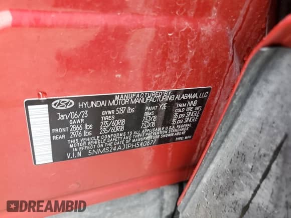 2023 Hyundai Santa Fe SEL с VIN 5NMS24AJ1PH540677, выставлен на аукционе Copart как лот 60661025 с пробегом 22 750 миль миль и Списание • Salvage title. История ставок и продаж доступна на DreamBid. Изображение 12.