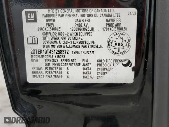2003 GMC Sierra 1500 SLE with VIN 2GTEK19T431258372, listed as a Copart auction lot 58579865 with Not provided miles and Salvage title. Bid and sale history available at DreamBid. Image 12.