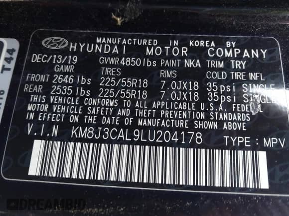 2020 Hyundai Tucson Limited with VIN KM8J3CAL9LU204178, listed as a IAAI auction lot 42993747 with 44,976 mi miles and . Bid and sale history available at DreamBid. Image 9.