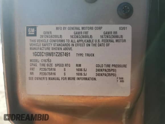 2001 Chevrolet Silverado 1500 with VIN 1GCEC19W81Z267491, listed as a Copart auction lot 47846365 with Not provided miles and Salvage title. Bid and sale history available at DreamBid. Image 12.