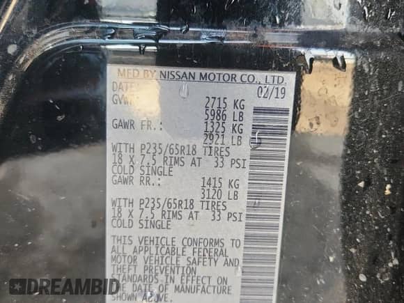 2019 Nissan Pathfinder SV z VIN 5N1DR2MM3KC610293, wystawiony jako Copart lot #80476865 z przebiegiem 125 349 mil mil oraz Szkoda całkowita • Salvage title. Historia ofert i sprzedaży dostępna na DreamBid. Obrazek 12.