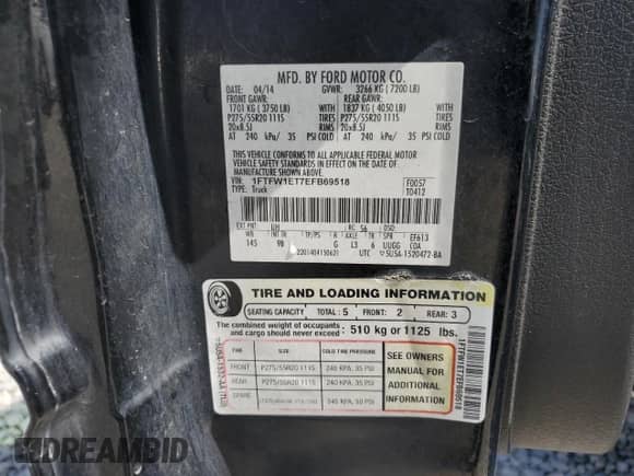 2014 Ford F-150 FX4 with VIN 1FTFW1ET7EFB69518, listed as a Copart auction lot 65610935 with 141,488 mi miles and Salvage title. Bid and sale history available at DreamBid. Image 12.