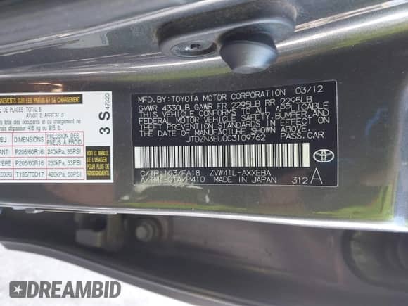 2012 Toyota Prius Two with VIN JTDZN3EU0C3109762, listed as a IAAI auction lot 43447366 with 311,383 mi miles and . Bid and sale history available at DreamBid. Image 9.