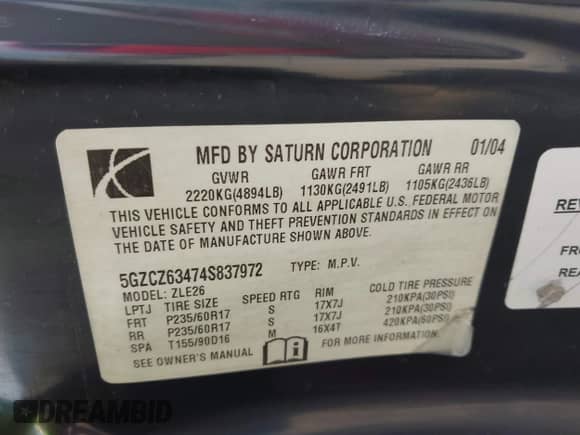 2004 Saturn VUE V6 with VIN 5GZCZ63474S837972, listed as a IAAI auction lot 42140284 with 189,000 mi miles and . Bid and sale history available at DreamBid. Image 9.