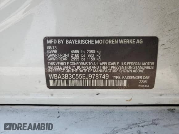 2014 BMW 3 Series 328i xDrive with VIN WBA3B3C55EJ978749, listed as a Copart auction lot 81177375 with 97,928 mi miles and Salvage title. Bid and sale history available at DreamBid. Image 12.